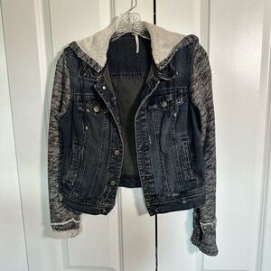 Free People midnight blue  / black denim jacket w/ terry sleeves & hood, size S
